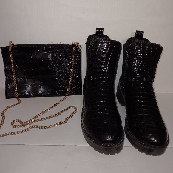 NO DOUBT PATENT LEATHER CROC PRINT BOOTS & HANDBAG - Picture 2 of 12